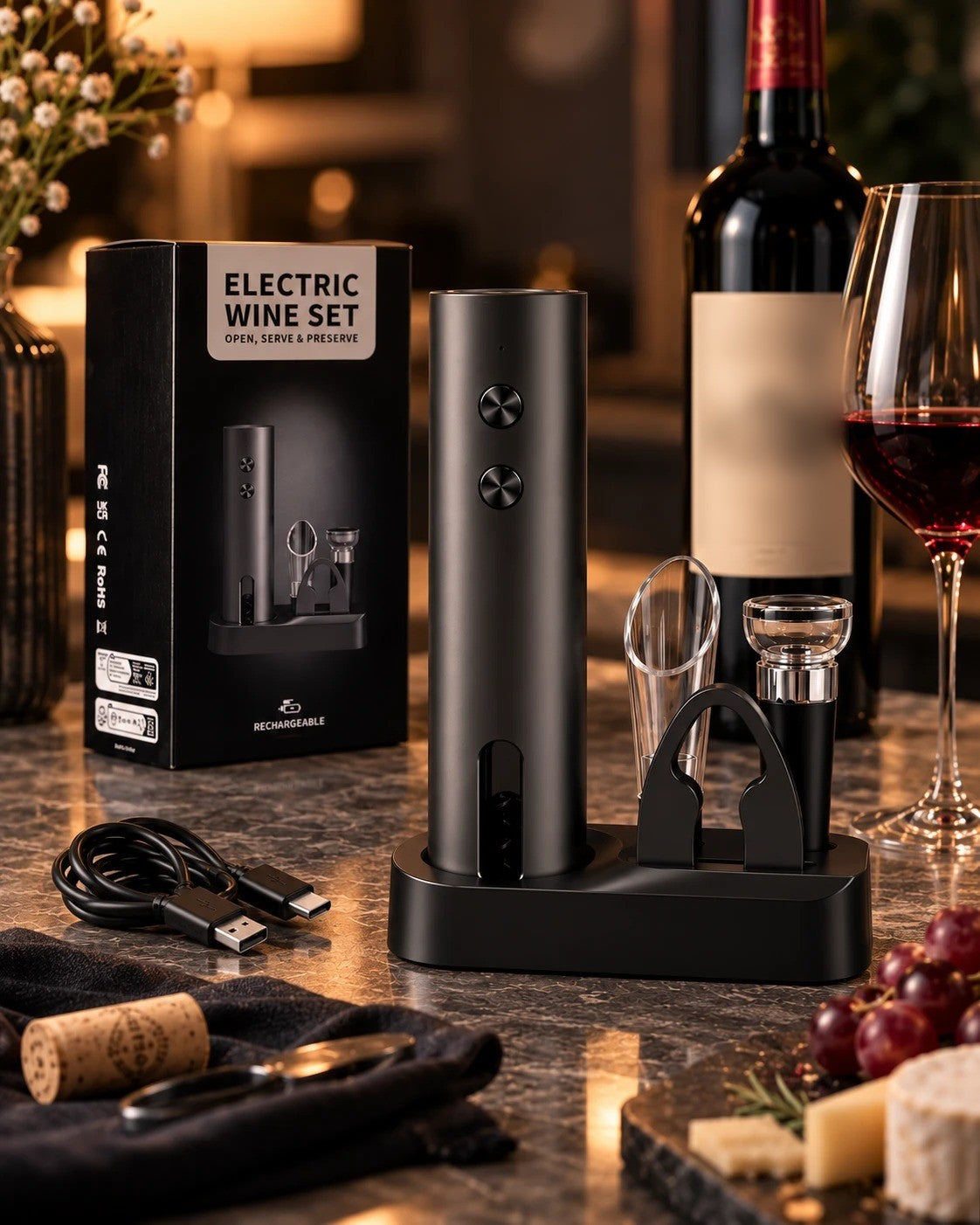 Coffret ouvre-bouteille électrique avec sa boîte et son câble de charge USB-C