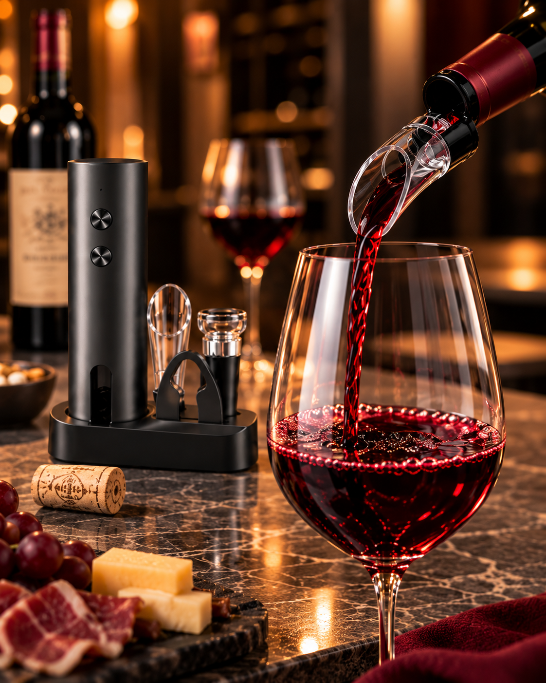 Vin rouge servi avec le bec verseur aérateur