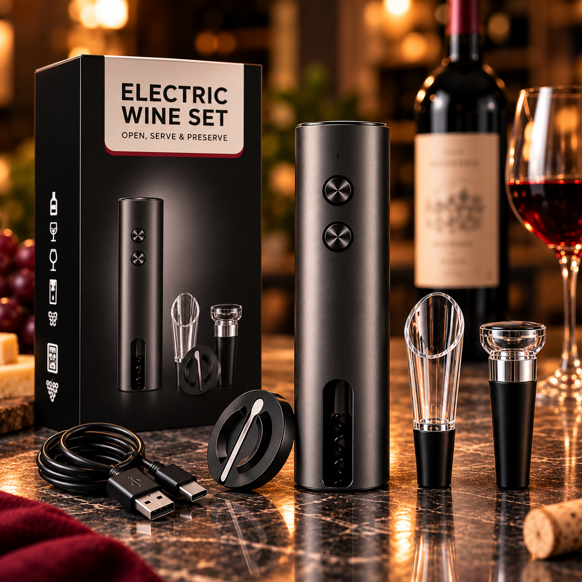 Formule Le Sommelier : ouvre-bouteille électrique, coupe-capsule, bec verseur, bouchon sous vide et câble USB-C