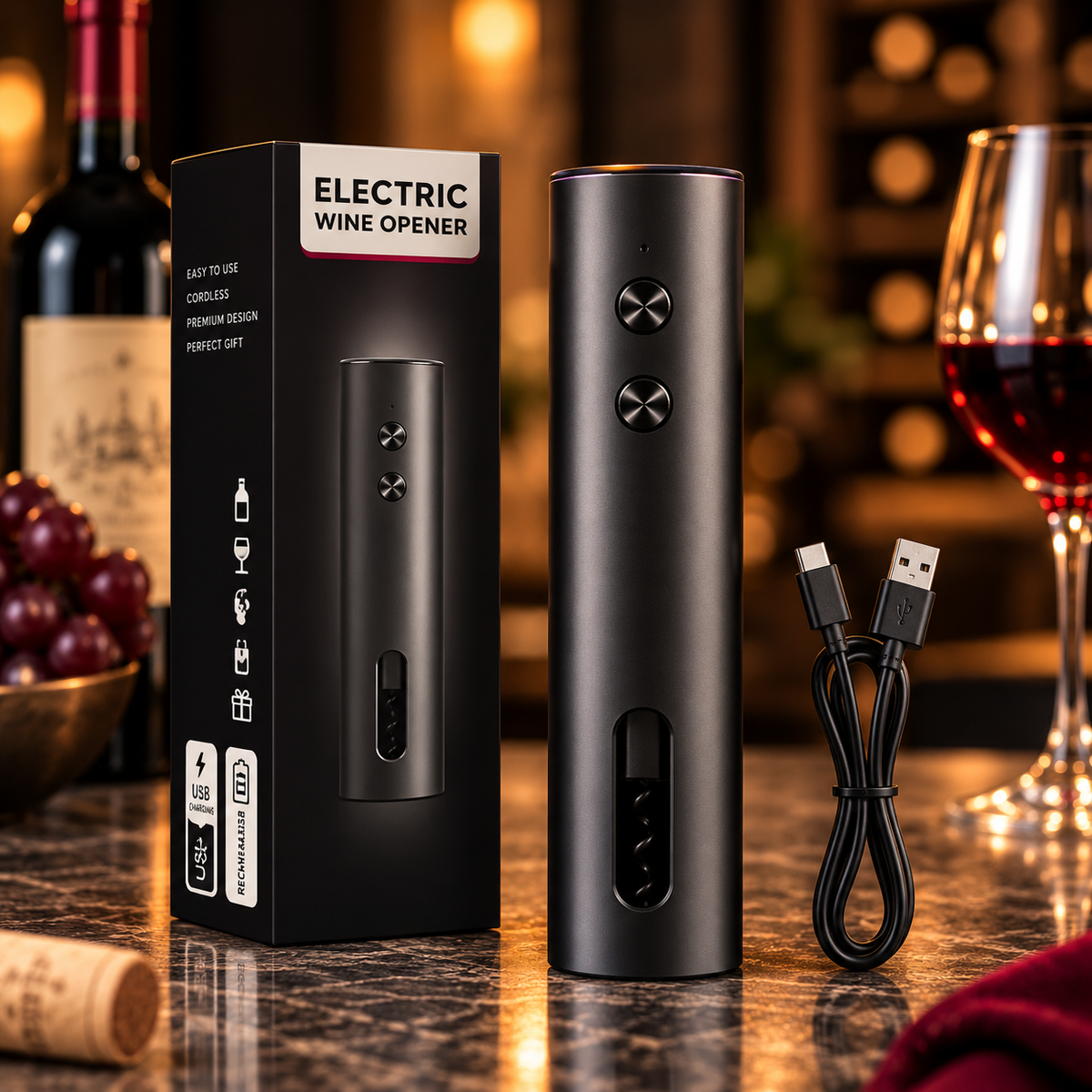 Formule L'Essentiel : ouvre-bouteille électrique seul avec son câble USB-C