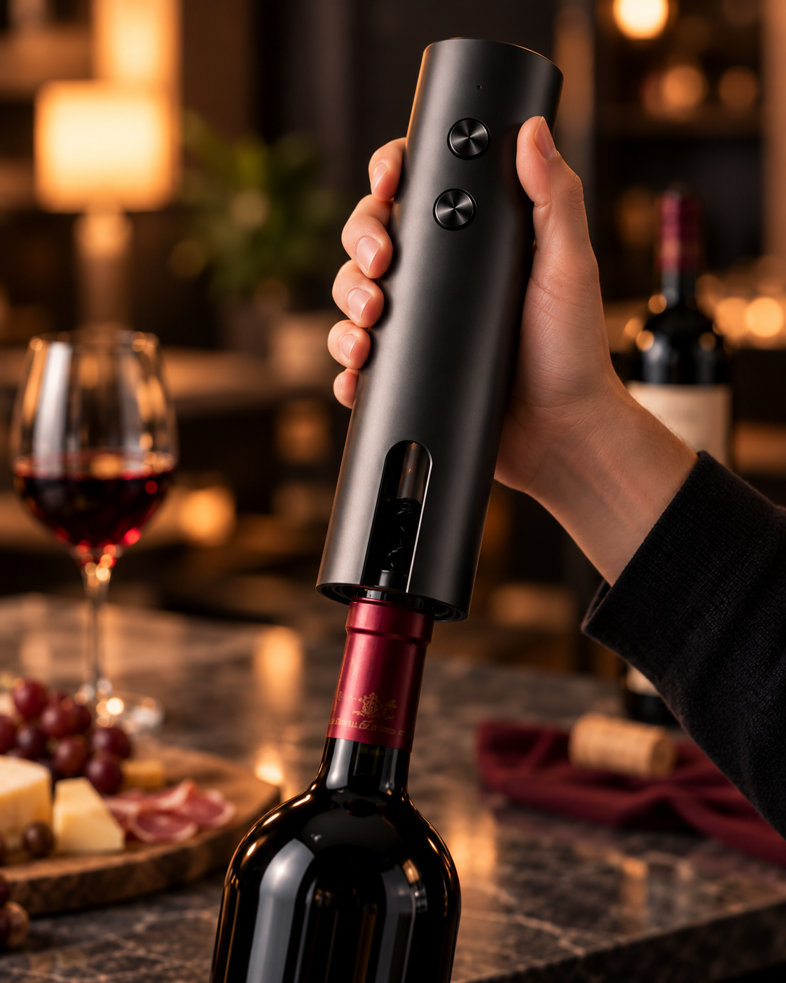 Tire-bouchon électrique posé sur le goulot d'une bouteille de vin rouge