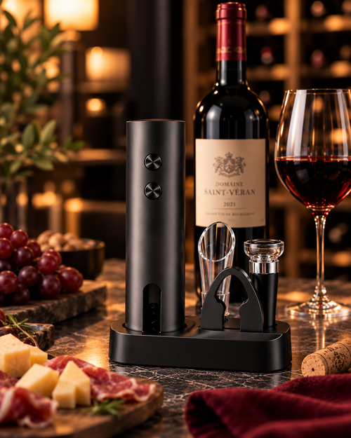 Ouvre-bouteille électrique noir mat sur son socle avec bec verseur, bouchon sous vide et coupe-capsule (formule L'Intégrale)