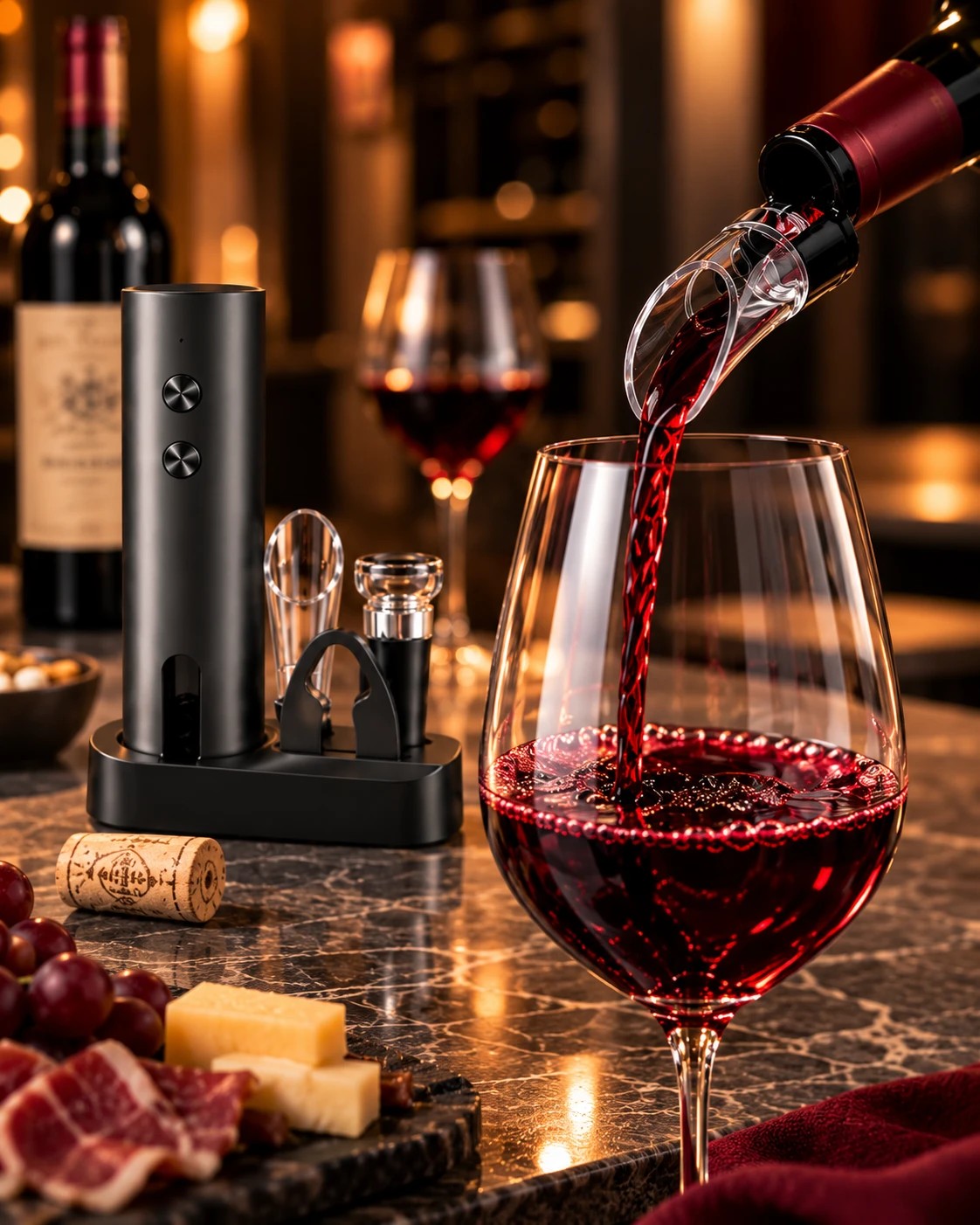 Vin rouge servi avec le bec verseur aérateur du coffret